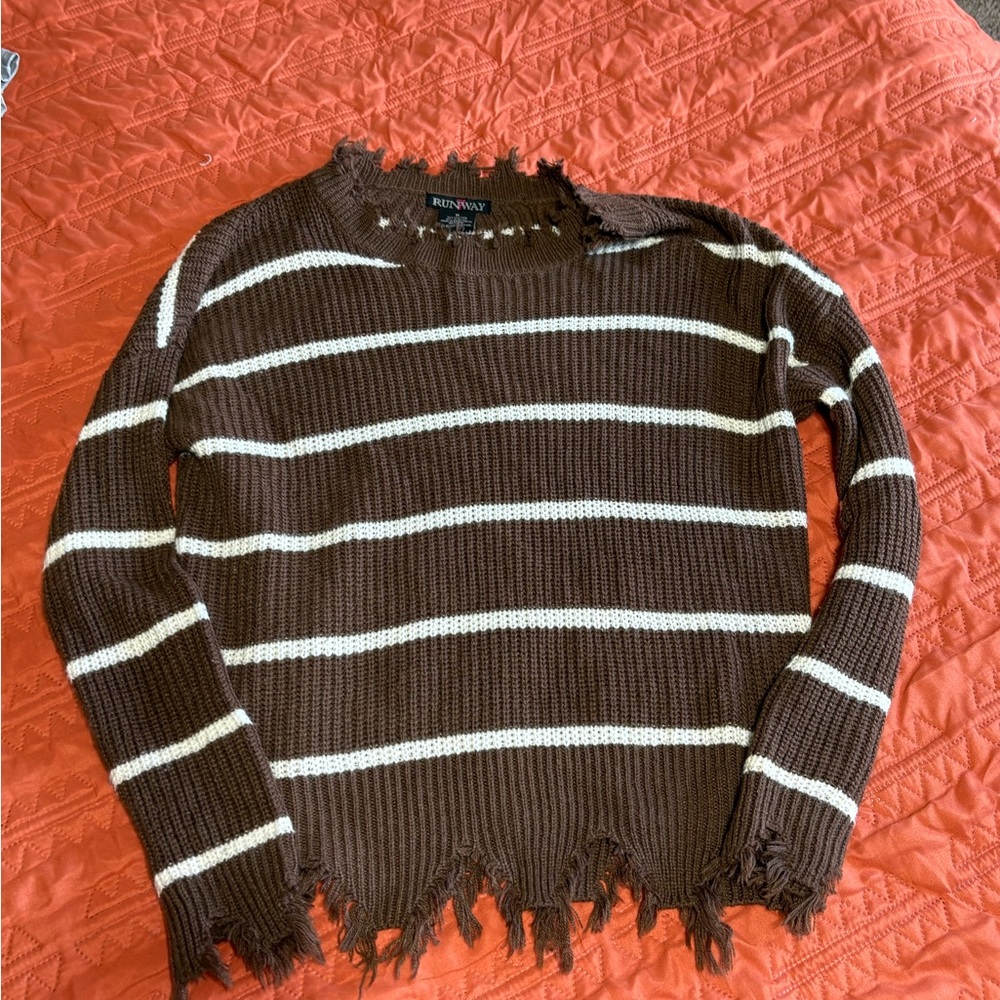 Brown Striped Distressed Sweater